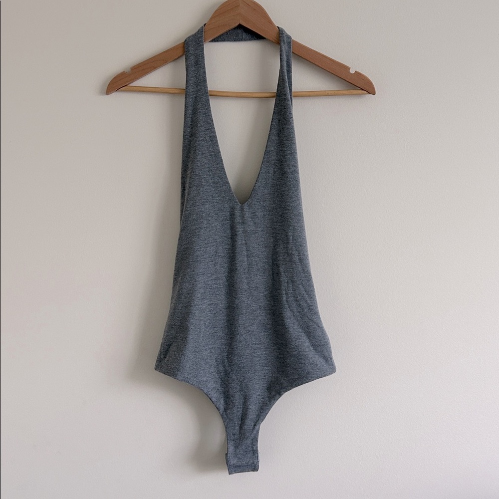 Gray Soft Deep Plunge Halter Bodysuit
